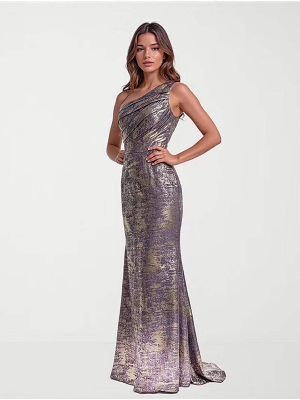 Rene Ruiz One-Shoulder Metallic blue and Gold Gown